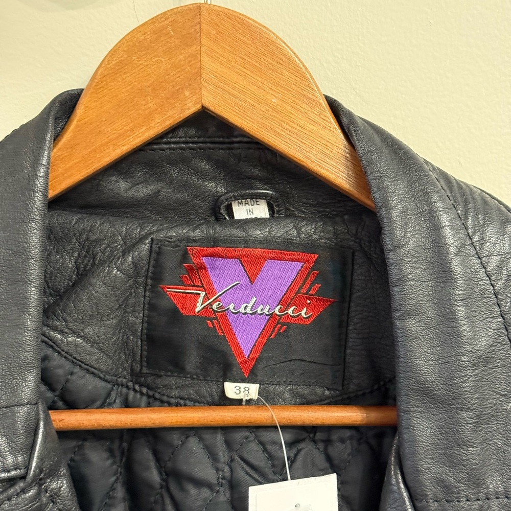 Verducci size 38 black leather fringe moto jacket skull buttons - Picture 12 of 15